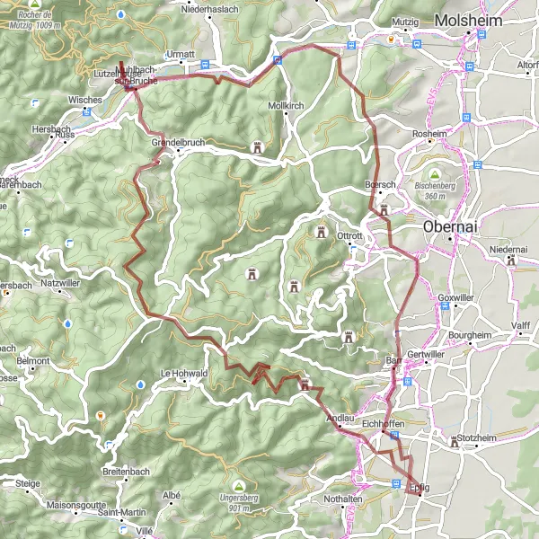 Map miniature of "Hills and Forests" cycling inspiration in Alsace, France. Generated by Tarmacs.app cycling route planner