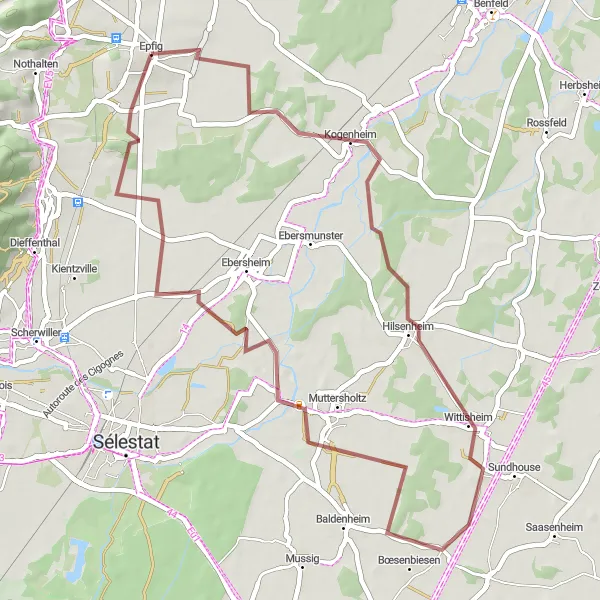 Miniature de la carte de l'inspiration cycliste "Les collines de Hilsenheim" dans la Alsace, France. Générée par le planificateur d'itinéraire cycliste Tarmacs.app