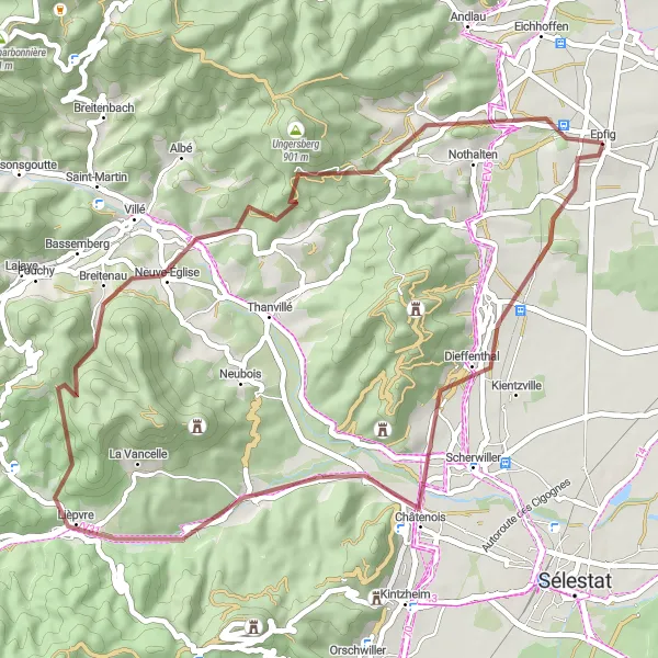 Map miniature of "Vineyards and Medieval Towns" cycling inspiration in Alsace, France. Generated by Tarmacs.app cycling route planner