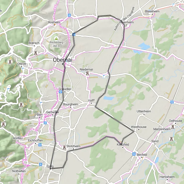 Map miniature of "Obernai and Meistratzheim Circular" cycling inspiration in Alsace, France. Generated by Tarmacs.app cycling route planner