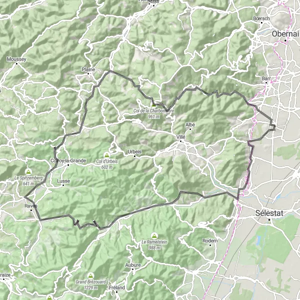 Miniature de la carte de l'inspiration cycliste "Les sommets des Vosges en route" dans la Alsace, France. Générée par le planificateur d'itinéraire cycliste Tarmacs.app