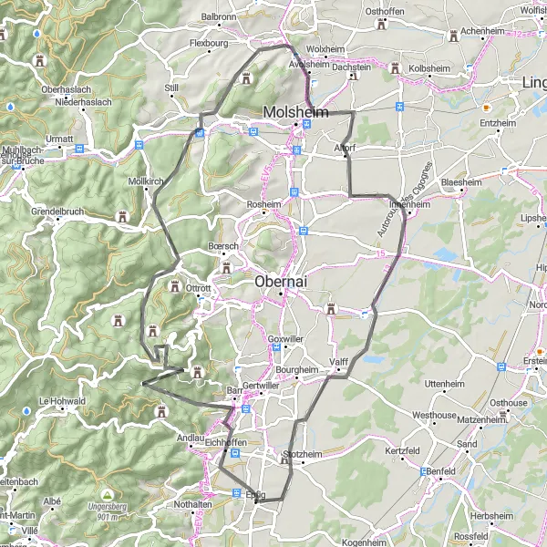 Miniature de la carte de l'inspiration cycliste "Circuit des Vins d'Alsace" dans la Alsace, France. Générée par le planificateur d'itinéraire cycliste Tarmacs.app