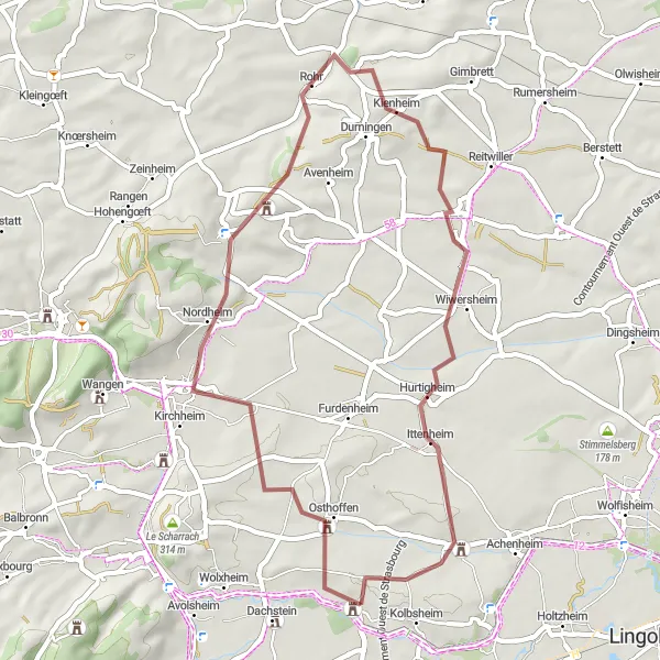 Map miniature of "Kochersberg Gravel Adventure" cycling inspiration in Alsace, France. Generated by Tarmacs.app cycling route planner