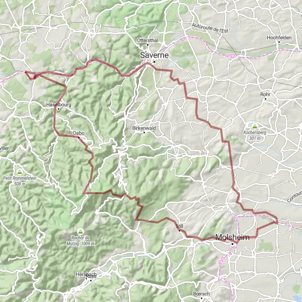 Miniature de la carte de l'inspiration cycliste "Aventure Gravel en Alsace" dans la Alsace, France. Générée par le planificateur d'itinéraire cycliste Tarmacs.app