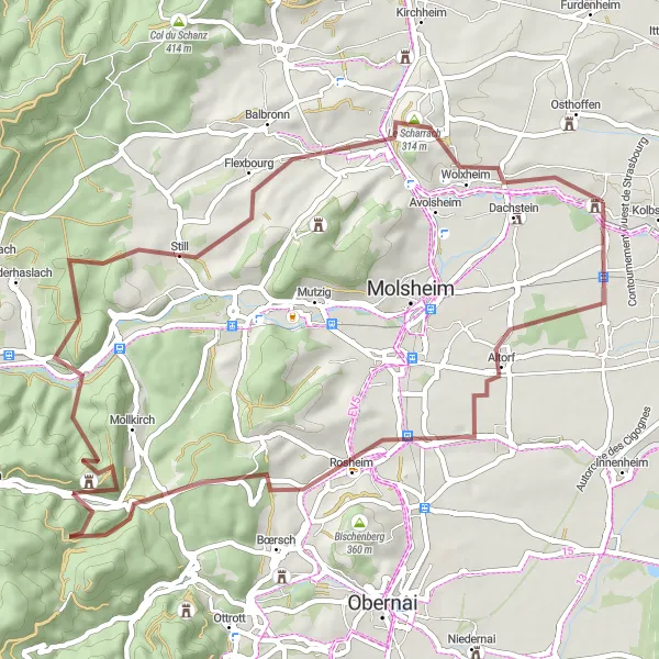 Miniature de la carte de l'inspiration cycliste "Panorama des châteaux de l'Alsace" dans la Alsace, France. Générée par le planificateur d'itinéraire cycliste Tarmacs.app