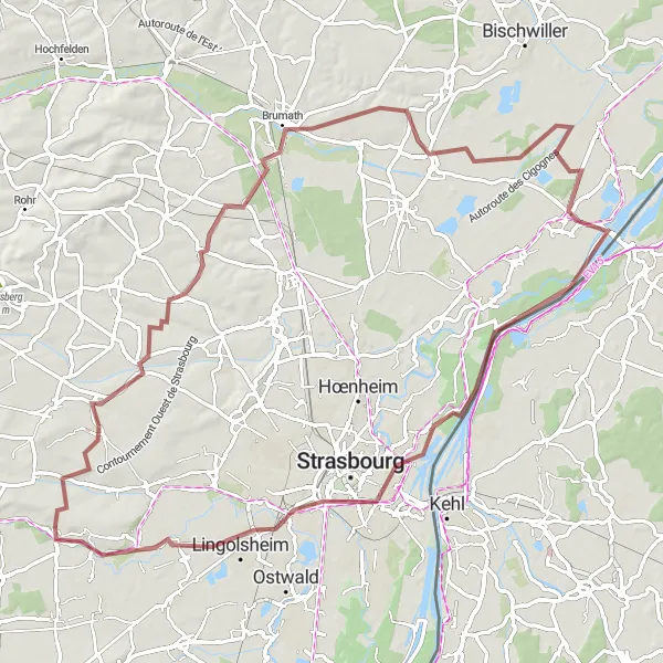 Miniature de la carte de l'inspiration cycliste "Parcours de gravel autour d'Ernolsheim-Bruche" dans la Alsace, France. Générée par le planificateur d'itinéraire cycliste Tarmacs.app