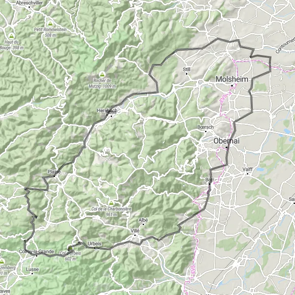 Miniature de la carte de l'inspiration cycliste "Les collines de l'Alsace" dans la Alsace, France. Générée par le planificateur d'itinéraire cycliste Tarmacs.app