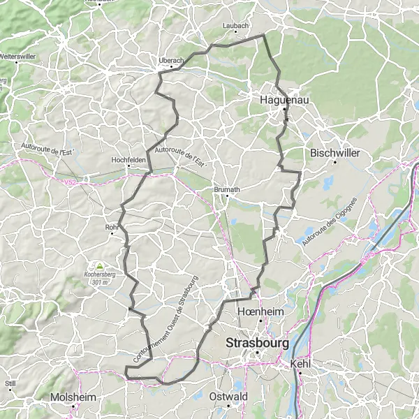 Map miniature of "Scenic Tour of Kochersberg" cycling inspiration in Alsace, France. Generated by Tarmacs.app cycling route planner