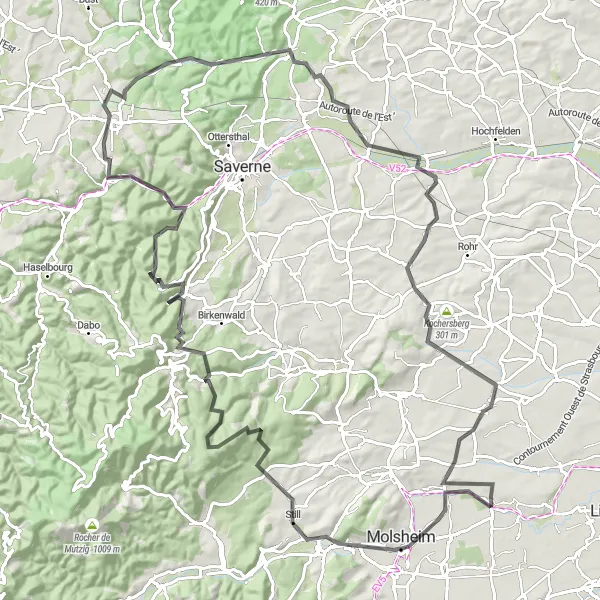 Map miniature of "Explore the Vosges Mountains by Road" cycling inspiration in Alsace, France. Generated by Tarmacs.app cycling route planner