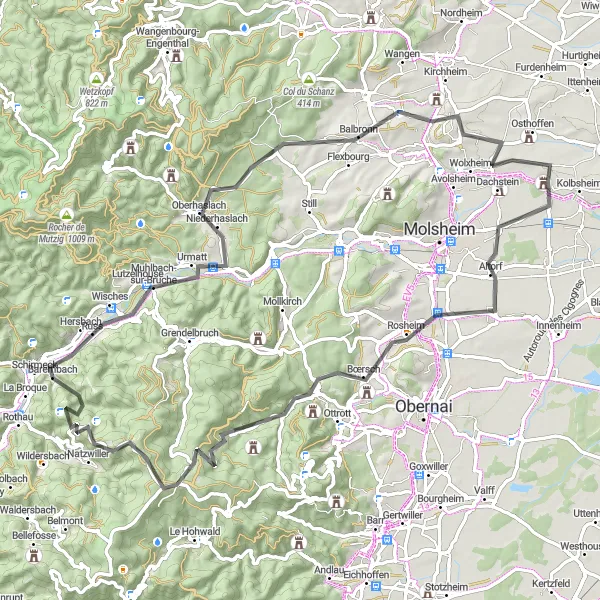 Map miniature of "Alsace Vineyards and Vosges Mountains Circuit" cycling inspiration in Alsace, France. Generated by Tarmacs.app cycling route planner