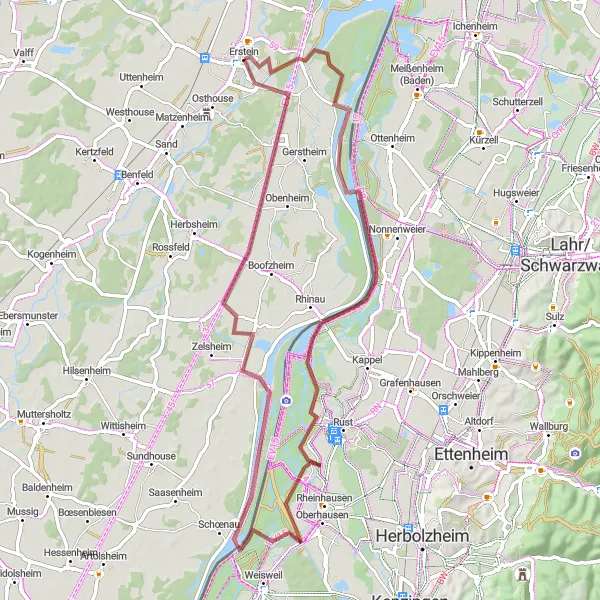Map miniature of "Erstein Canal Loop" cycling inspiration in Alsace, France. Generated by Tarmacs.app cycling route planner
