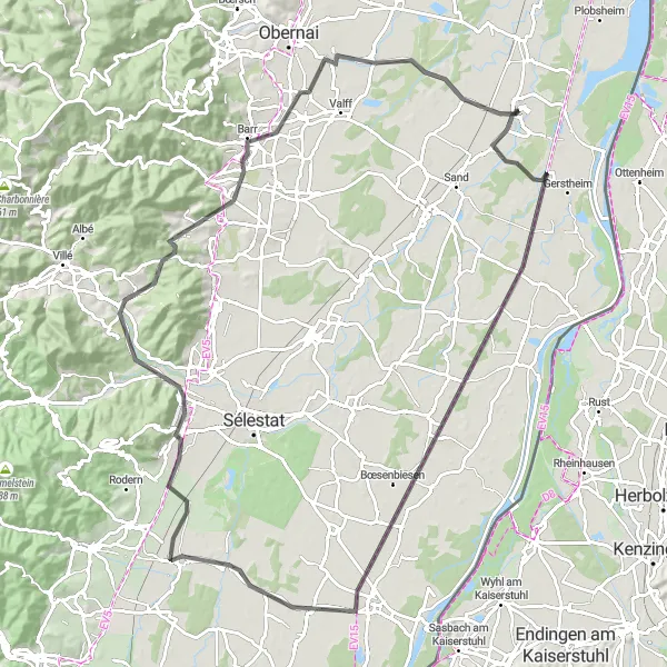 Map miniature of "Erstein to Osthouse Loop" cycling inspiration in Alsace, France. Generated by Tarmacs.app cycling route planner