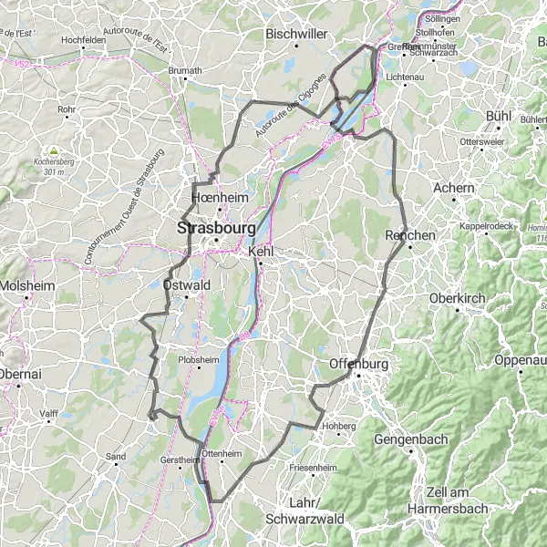 Map miniature of "Geispolsheim to Ecluse Circuit" cycling inspiration in Alsace, France. Generated by Tarmacs.app cycling route planner