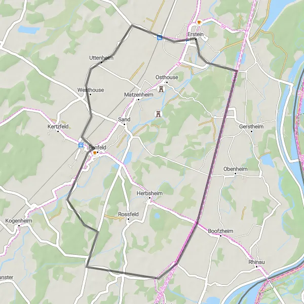 Map miniature of "Erstein Loop" cycling inspiration in Alsace, France. Generated by Tarmacs.app cycling route planner