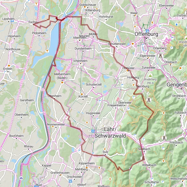 Map miniature of "Escape to Schutterwald and Allmannsweier" cycling inspiration in Alsace, France. Generated by Tarmacs.app cycling route planner