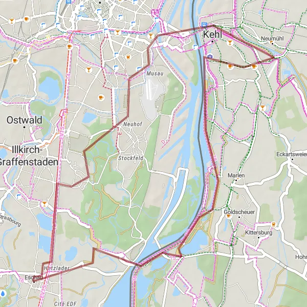 Map miniature of "Charming Ride to Neuhof and Kehl" cycling inspiration in Alsace, France. Generated by Tarmacs.app cycling route planner