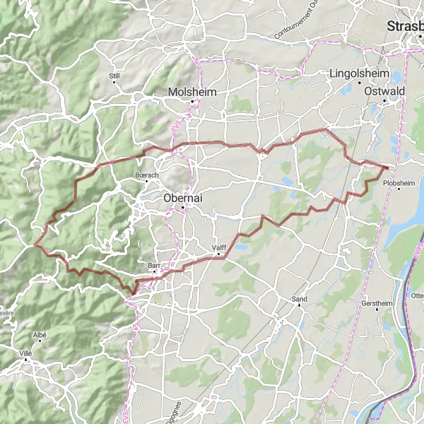 Miniature de la carte de l'inspiration cycliste "Circuit Gravel depuis Eschau" dans la Alsace, France. Générée par le planificateur d'itinéraire cycliste Tarmacs.app