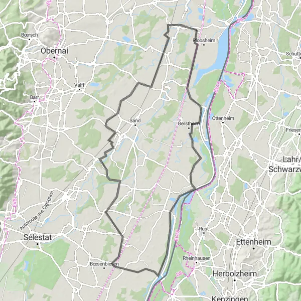 Miniature de la carte de l'inspiration cycliste "Les Bords du Rhin et la Plaine d'Alsace" dans la Alsace, France. Générée par le planificateur d'itinéraire cycliste Tarmacs.app
