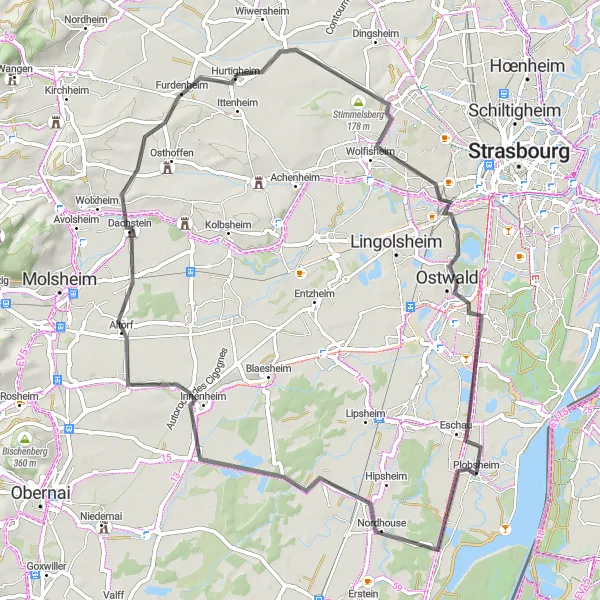 Map miniature of "Eschau Countryside Loop" cycling inspiration in Alsace, France. Generated by Tarmacs.app cycling route planner