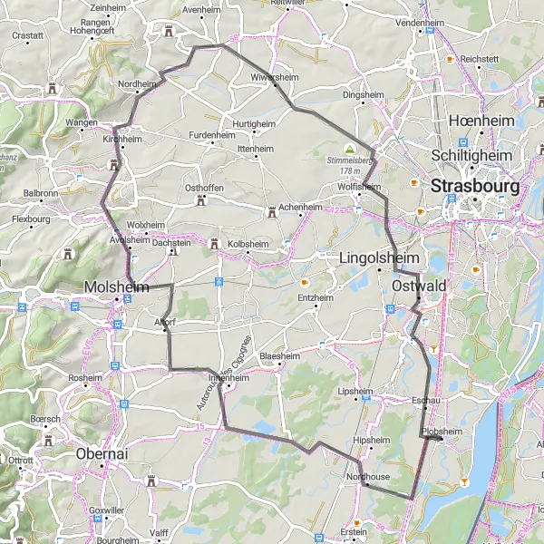 Miniature de la carte de l'inspiration cycliste "La Route des Vignobles d'Alsace" dans la Alsace, France. Générée par le planificateur d'itinéraire cycliste Tarmacs.app