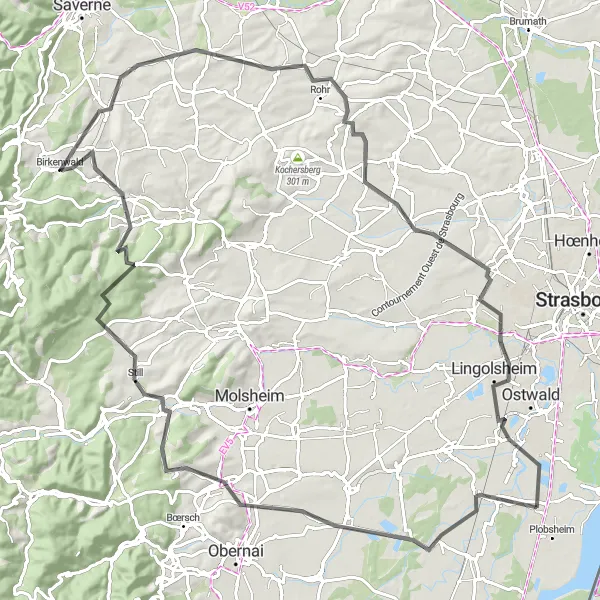 Map miniature of "Hindisheim Round-Trip" cycling inspiration in Alsace, France. Generated by Tarmacs.app cycling route planner