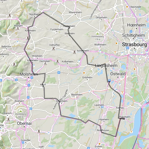 Map miniature of "Krautergersheim Loop" cycling inspiration in Alsace, France. Generated by Tarmacs.app cycling route planner