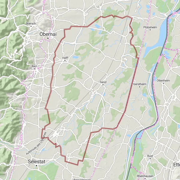 Miniature de la carte de l'inspiration cycliste "Randonnée de Witternheim" dans la Alsace, France. Générée par le planificateur d'itinéraire cycliste Tarmacs.app