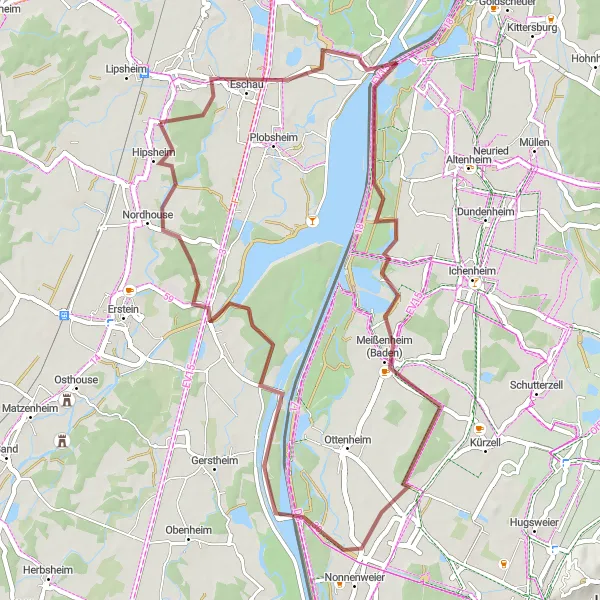 Miniature de la carte de l'inspiration cycliste "Tour de Nordhouse en gravel" dans la Alsace, France. Générée par le planificateur d'itinéraire cycliste Tarmacs.app