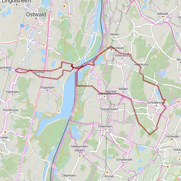 Map miniature of "Gravel Route through Fegersheim and Neuried" cycling inspiration in Alsace, France. Generated by Tarmacs.app cycling route planner