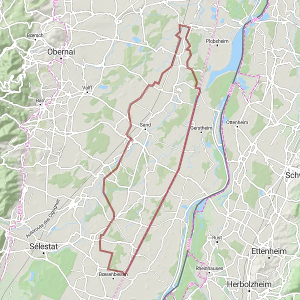 Miniature de la carte de l'inspiration cycliste "Boucle de Hipsheim" dans la Alsace, France. Générée par le planificateur d'itinéraire cycliste Tarmacs.app