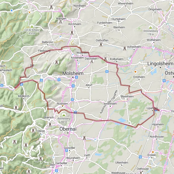 Map miniature of "Scenic Gravel Route to Flexbourg" cycling inspiration in Alsace, France. Generated by Tarmacs.app cycling route planner