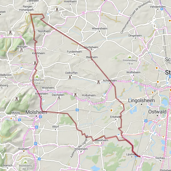 Miniature de la carte de l'inspiration cycliste "Les Châteaux et les Villages d'Alsace" dans la Alsace, France. Générée par le planificateur d'itinéraire cycliste Tarmacs.app