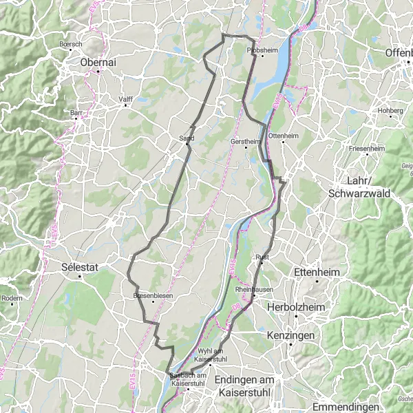 Map miniature of "The Alsace Wine Route" cycling inspiration in Alsace, France. Generated by Tarmacs.app cycling route planner