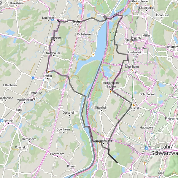 Map miniature of "Fegersheim and Nordhouse Loop" cycling inspiration in Alsace, France. Generated by Tarmacs.app cycling route planner