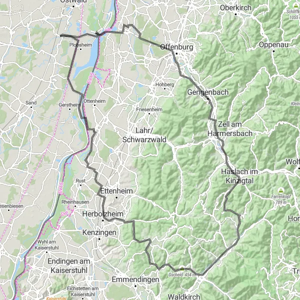 Miniature de la carte de l'inspiration cycliste "De Goldscheuer à Plobsheim: la Route des Vins" dans la Alsace, France. Générée par le planificateur d'itinéraire cycliste Tarmacs.app