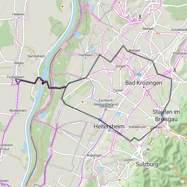 Miniature de la carte de l'inspiration cycliste "Boucle à vélo du Rhin du Haut-Rhin" dans la Alsace, France. Générée par le planificateur d'itinéraire cycliste Tarmacs.app