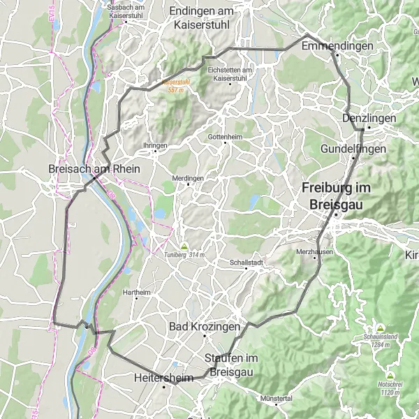 Miniature de la carte de l'inspiration cycliste "Traversée panoramique du Kaiserstuhl" dans la Alsace, France. Générée par le planificateur d'itinéraire cycliste Tarmacs.app