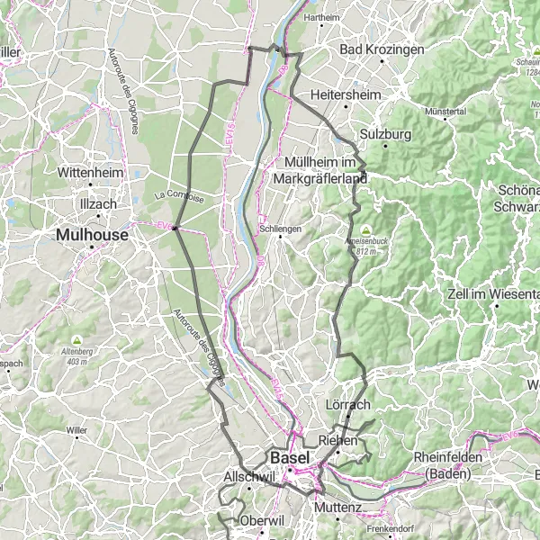 Miniature de la carte de l'inspiration cycliste "Aventure sportive à travers le Pays de Bade" dans la Alsace, France. Générée par le planificateur d'itinéraire cycliste Tarmacs.app