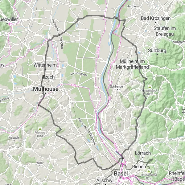 Miniature de la carte de l'inspiration cycliste "Parcours à vélo de route autour de Fessenheim et Mulhouse" dans la Alsace, France. Générée par le planificateur d'itinéraire cycliste Tarmacs.app