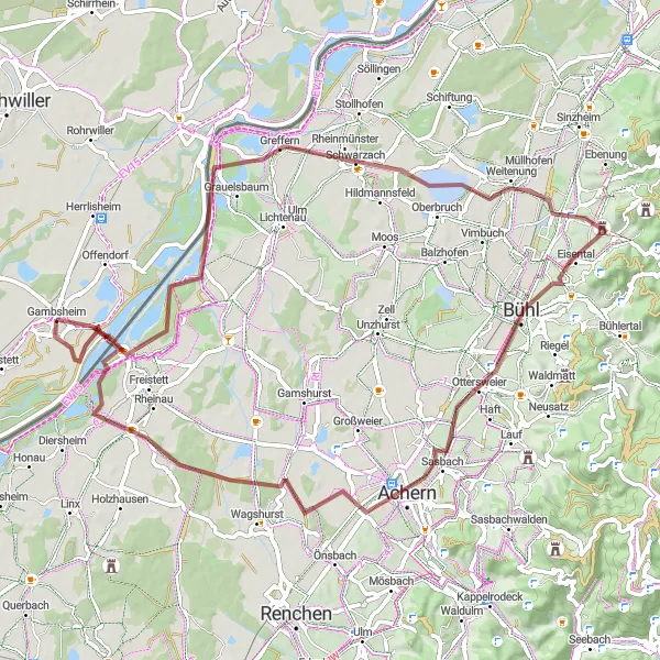 Map miniature of "Nature Escape: Rhine Delta Gravel Ride" cycling inspiration in Alsace, France. Generated by Tarmacs.app cycling route planner