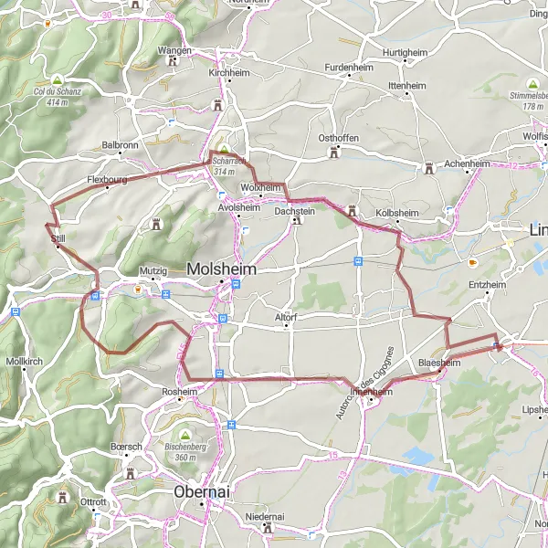 Miniature de la carte de l'inspiration cycliste "Boucle tout-terrain de Rosheim à Geispolsheim" dans la Alsace, France. Générée par le planificateur d'itinéraire cycliste Tarmacs.app