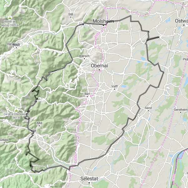 Map miniature of "Banc de l'impératrice and Rocher du Geissfels Road Route" cycling inspiration in Alsace, France. Generated by Tarmacs.app cycling route planner