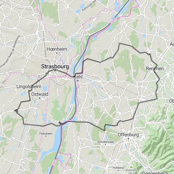 Map miniature of "The Lingolsheim Challenge" cycling inspiration in Alsace, France. Generated by Tarmacs.app cycling route planner