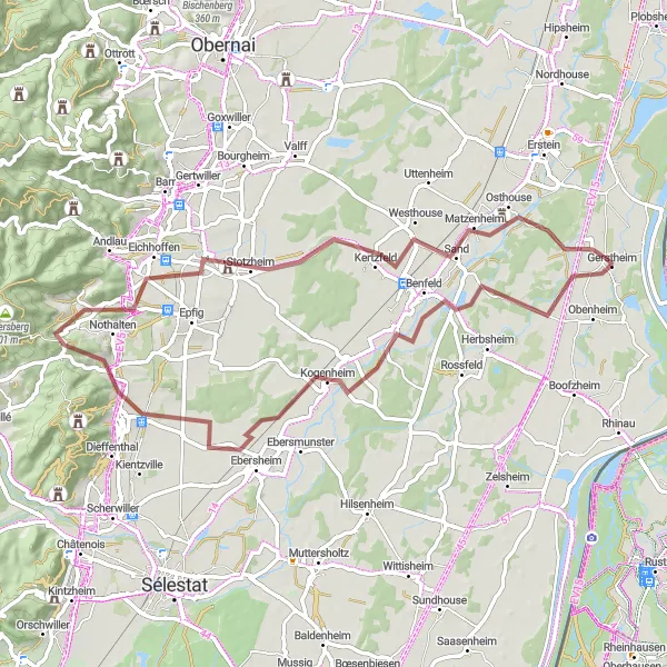 Map miniature of "Vineyards and Forests Gravel Loop" cycling inspiration in Alsace, France. Generated by Tarmacs.app cycling route planner