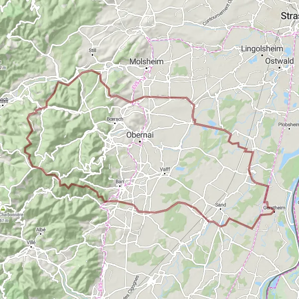 Miniature de la carte de l'inspiration cycliste "L'Aventure des Montagnes Noires" dans la Alsace, France. Générée par le planificateur d'itinéraire cycliste Tarmacs.app