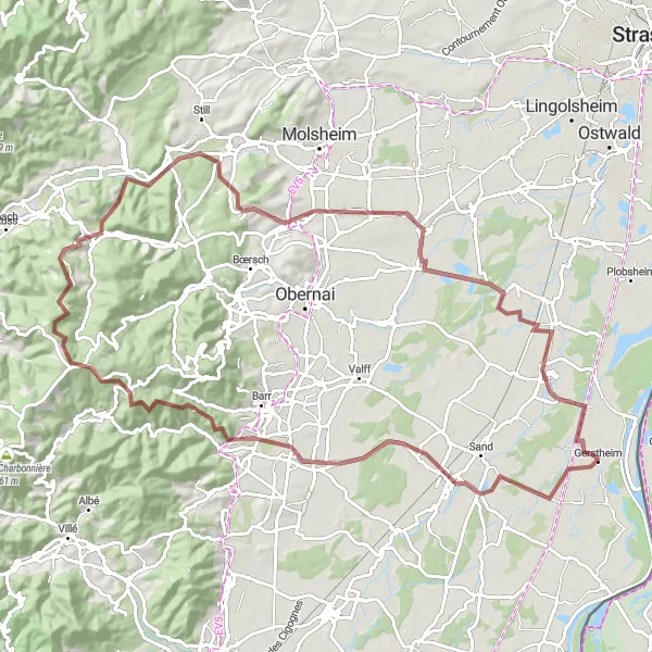 Map miniature of "Gravel Adventure to Petit Rosskopf" cycling inspiration in Alsace, France. Generated by Tarmacs.app cycling route planner