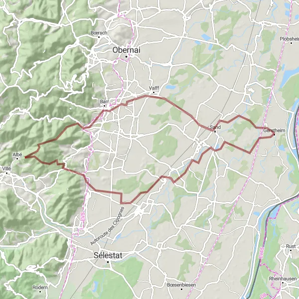 Miniature de la carte de l'inspiration cycliste "Les chemins de traverse alsaciens" dans la Alsace, France. Générée par le planificateur d'itinéraire cycliste Tarmacs.app
