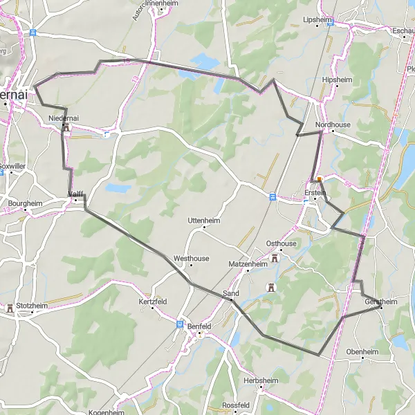 Miniature de la carte de l'inspiration cycliste "Le charme des villages alsaciens" dans la Alsace, France. Générée par le planificateur d'itinéraire cycliste Tarmacs.app