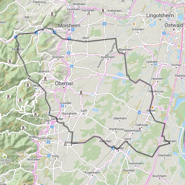 Miniature de la carte de l'inspiration cycliste "Les collines et les panoramas" dans la Alsace, France. Générée par le planificateur d'itinéraire cycliste Tarmacs.app