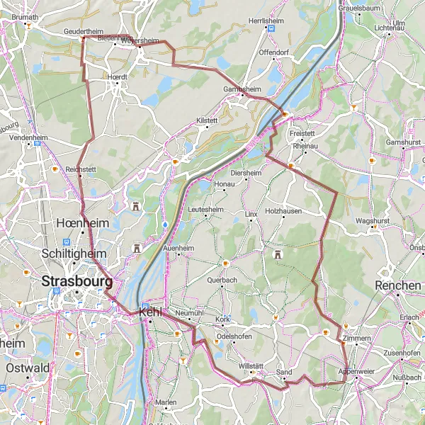 Miniature de la carte de l'inspiration cycliste "La Boucle des Berges du Rhin" dans la Alsace, France. Générée par le planificateur d'itinéraire cycliste Tarmacs.app
